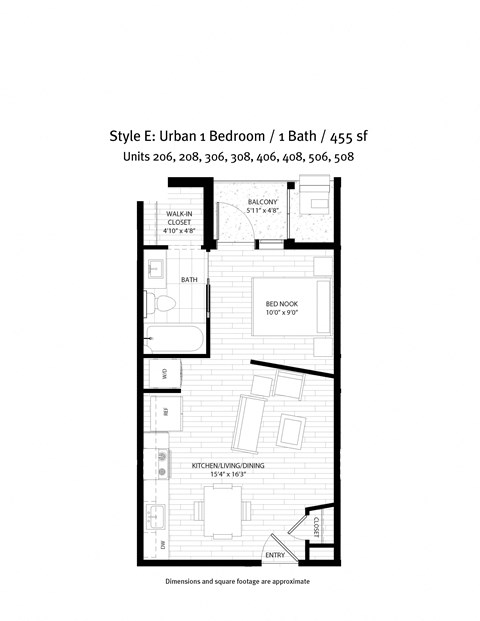 Floor plan for 1 bed, 1 bath, 480 sqft